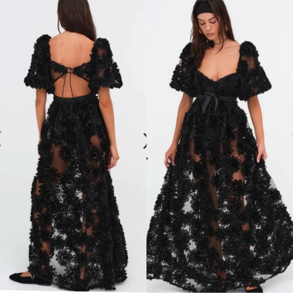 For Love And Lemons Astrid Black Floral Lace Maxi Dress
